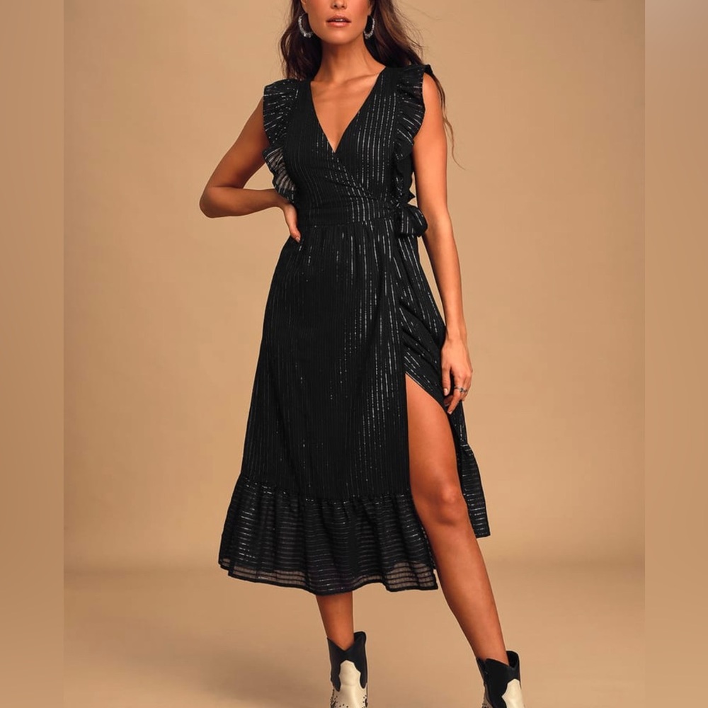 Lulus‎ Black Striped Ruffled Wrap Midi Dress